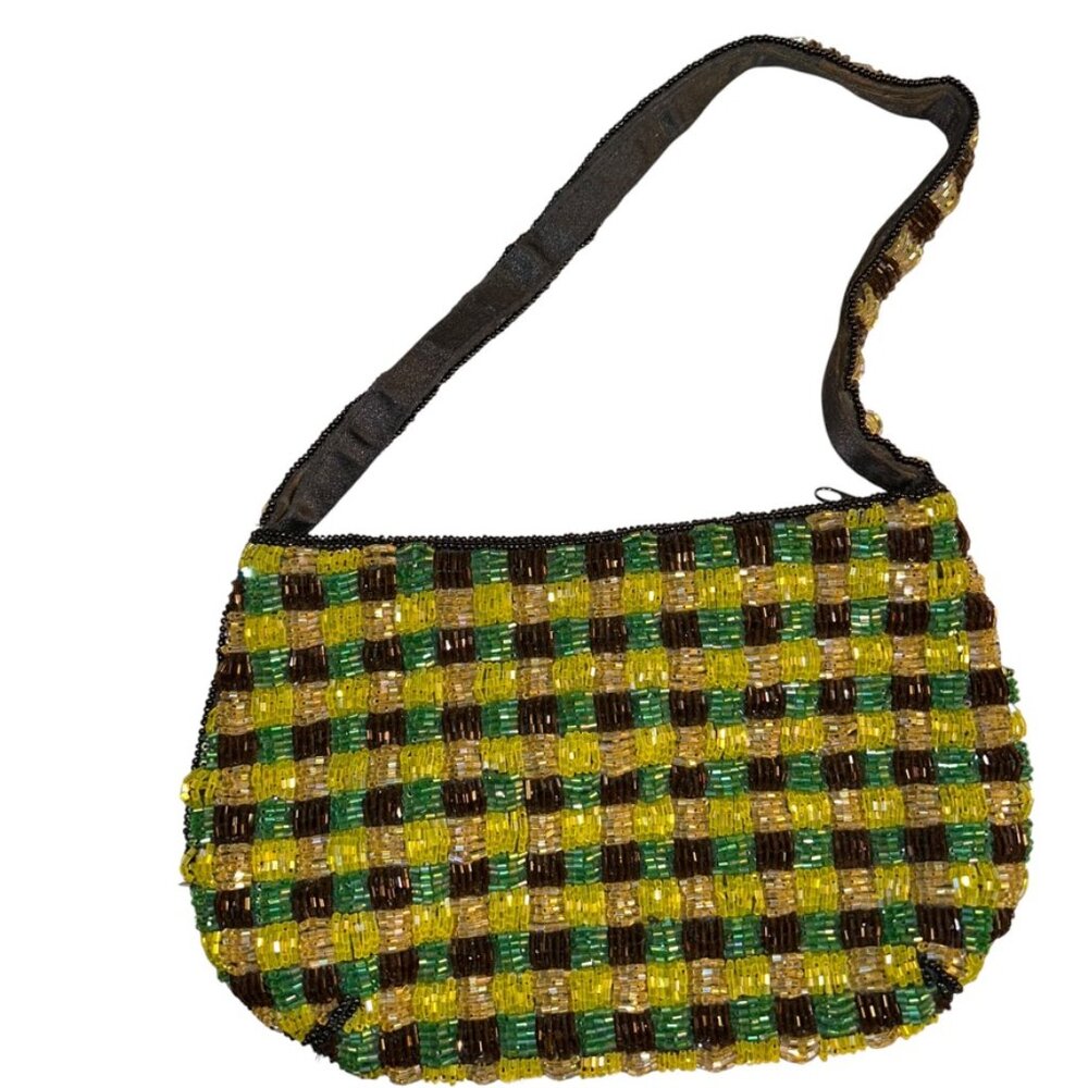 Menbur Vintage green gold beaded and black satin mini handbag purse 8x5 80s